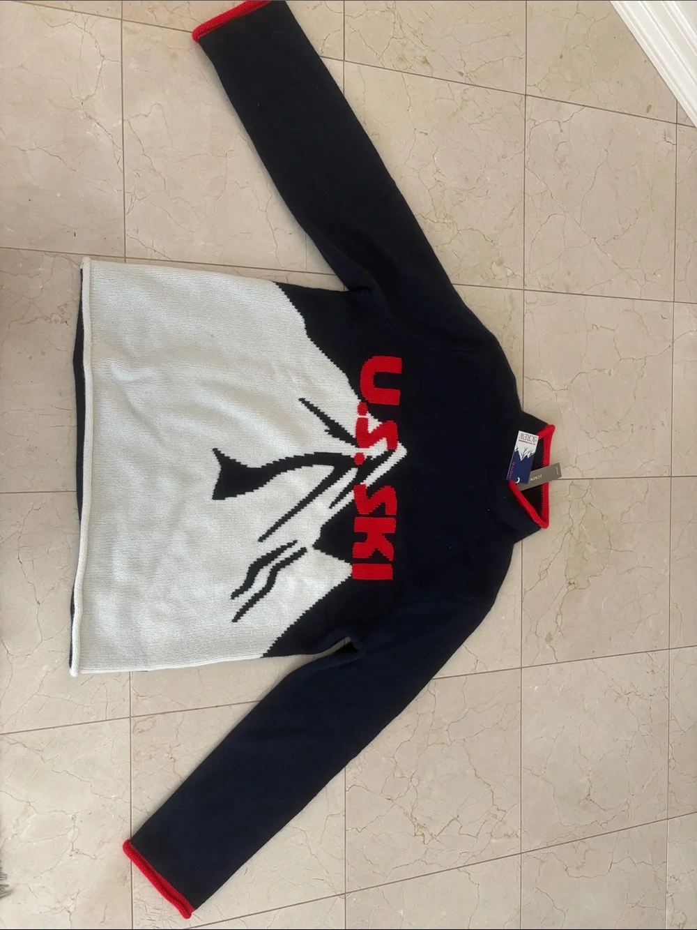 J crew Men's Navy & White Ski Sweater with Red Accents